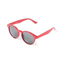A pair of round sunglasses with red frames and dark grey lenses. The sunglasses feature a logo on the side.