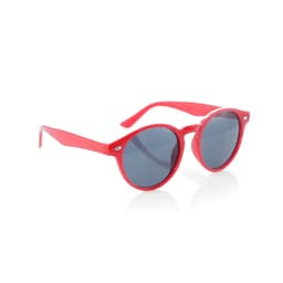Red sunglasses with round frames and dark lenses, featuring a logo on the side.
