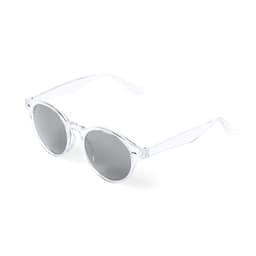 A pair of round sunglasses with clear frames and grey lenses, featuring a logo on the arm.