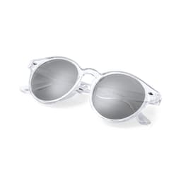 A pair of round sunglasses with a clear frame and mirrored lenses, featuring a logo on the side.