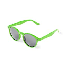 A pair of round sunglasses with vibrant green frames and grey lenses. The glasses have a small logo on the side.