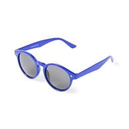 A pair of round sunglasses in vibrant blue with dark lenses, featuring a logo on the arm.