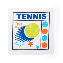 A white towel featuring a tennis graphic with a yellow tennis ball, stars, and colourful tennis balls. It has a logo.