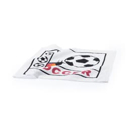 A white gym towel featuring a soccer ball design and the word "SOCCER" in red. The towel has a playful sports theme.