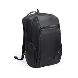 A black backpack with multiple compartments, including a front pocket and mesh side pockets, featuring a logo.
