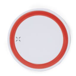 A wireless charger in white and red, featuring a circular design with a logo.