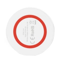 A wireless charger with a white base and red ring, featuring a logo on the underside.