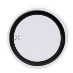 A round wireless charger in silver and black, featuring a simple design with a small logo.