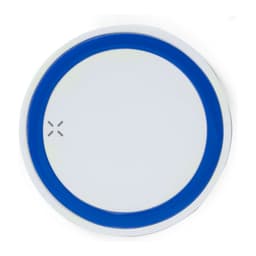 A round wireless charger in white with a blue border and a logo in the centre.