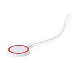 A wireless charger in white and red with a connected cable, featuring a logo on its surface.