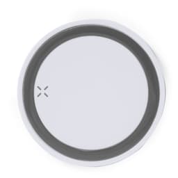 A round, white wireless charger with a dark grey edge and a subtle logo in the centre.