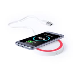 A wireless charger in white with a circular design, displaying a smartphone charging at 75%.