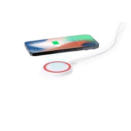 A wireless charger in white with a red accent, positioned next to a smartphone displaying a charging icon.