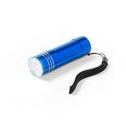 A blue torch with a textured grip and a wrist strap, featuring a cylindrical shape and a rounded light head.
