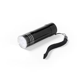 A black torch with a strap, featuring a rounded light head and a sleek design.