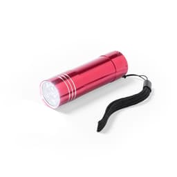 A red torch with a textured grip and a wrist strap, featuring multiple LED lights at the front.