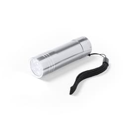 A silver torch with a black strap, featuring a circular LED light at one end.