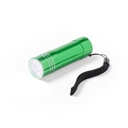 A green torch with a textured grip and a wrist strap, featuring a shiny metallic finish.
