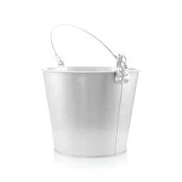 A silver ice bucket with a loop handle, featuring a sleek, smooth surface and a minimalist design.