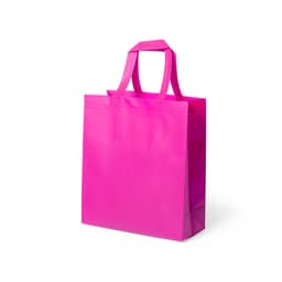 A pink tote bag with two handles and a glossy finish, featuring a logo on one side.