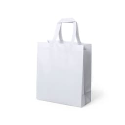 A white bag with two handles, featuring a logo or branding on the front side. Suitable for various uses.
