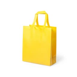 A yellow reusable bag with sturdy handles and a glossy finish, featuring a logo. Perfect for carrying various items.