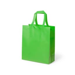 A vibrant green reusable bag with two handles and a glossy finish, featuring a logo.