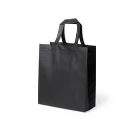 A black tote bag with durable handles and a simple design, featuring branding on the side.