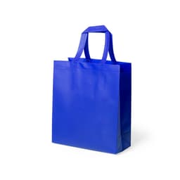 A blue reusable bag with sturdy handles and a simple design. The bag features a branding logo.