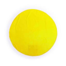 A round picnic rug in bright yellow, featuring a textured surface and white edging. It has a logo on it.