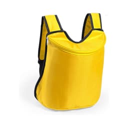 A yellow and black backpack with a zippered front pocket and a logo, ideal for carrying items.