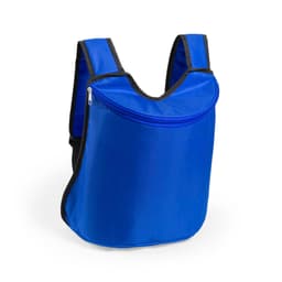 A blue cooler bag with black accents, featuring a zippered opening and a simple design. It has a logo on the front.