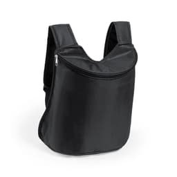 A black cooler backpack with a zippered front pocket and a comfortable strap design, featuring branding.