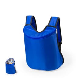 A blue Polys Backpack with a zippered front pocket and adjustable straps, featuring a logo. Ideal for carrying items.