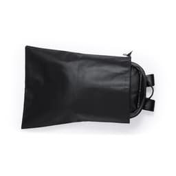 A black drawstring bag with a zippered compartment and shoulder straps, featuring a simple design.