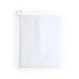 A white drawstring bag with a closure at the top and a blank surface, featuring a logo.