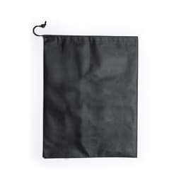 A black drawstring bag with a textured surface and a cinching cord at the top. It features a branding logo.