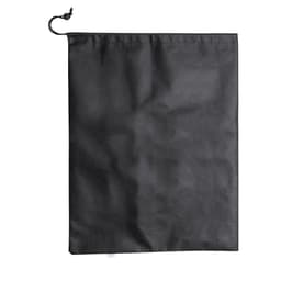 A black drawstring bag with a cinched top and a simple design. It features a logo on the surface.