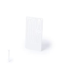 A white golf tee set including various tee shapes, presented in a card-like holder with a logo.