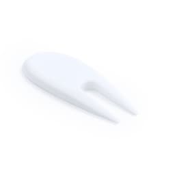 A white golf ball marker with a forked design, featuring a logo on one side.