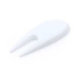 A white golf divot tool with a forked end, designed for marking golf balls. It has a smooth, streamlined shape and a logo.