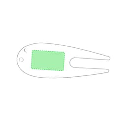 A green ball marker shaped like a divot tool with an outlined rectangle for personalisation. It has a logo.