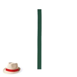 A straw hat with a red band and a long green ribbon displayed against a white background.