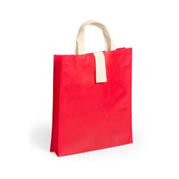 A red foldable bag with cream handles, featuring a simple design and a logo.