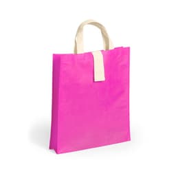 A pink foldable bag with cream handles, featuring a logo on one side.