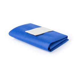 A folded blue bag with a white strap, featuring a logo on the surface.