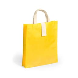 A foldable bag in bright yellow with a cream handle and a simple design featuring a logo.