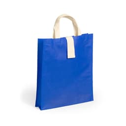 A blue foldable bag with cream handles, featuring a simple design and a logo.