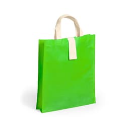 A vibrant green foldable bag with beige handles and a simple design. It features a logo on the front.
