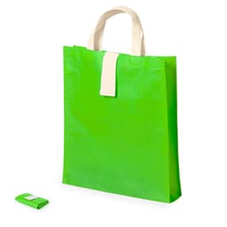 A bright green foldable bag with cream-coloured handles, accompanied by a compact folded version.